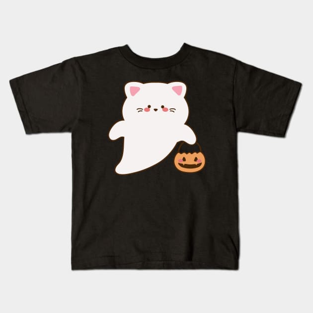cute cat ghost holds a pumpkin basket Kids T-Shirt by NumbleRay